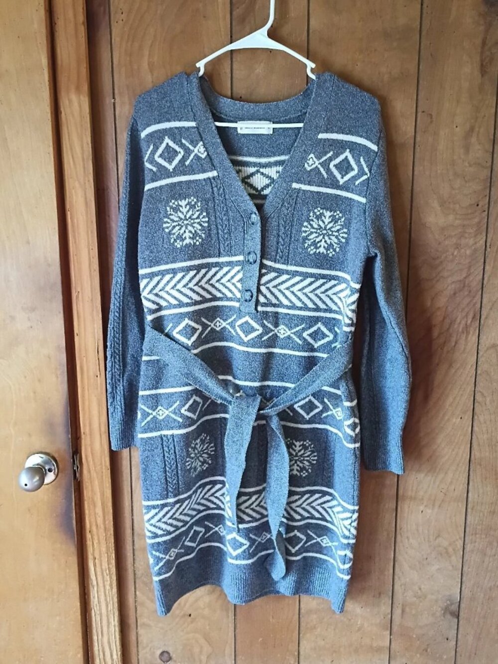 Lucky Brand Gray Fair Isle Sweater Dress Belted Cardigan Style XL